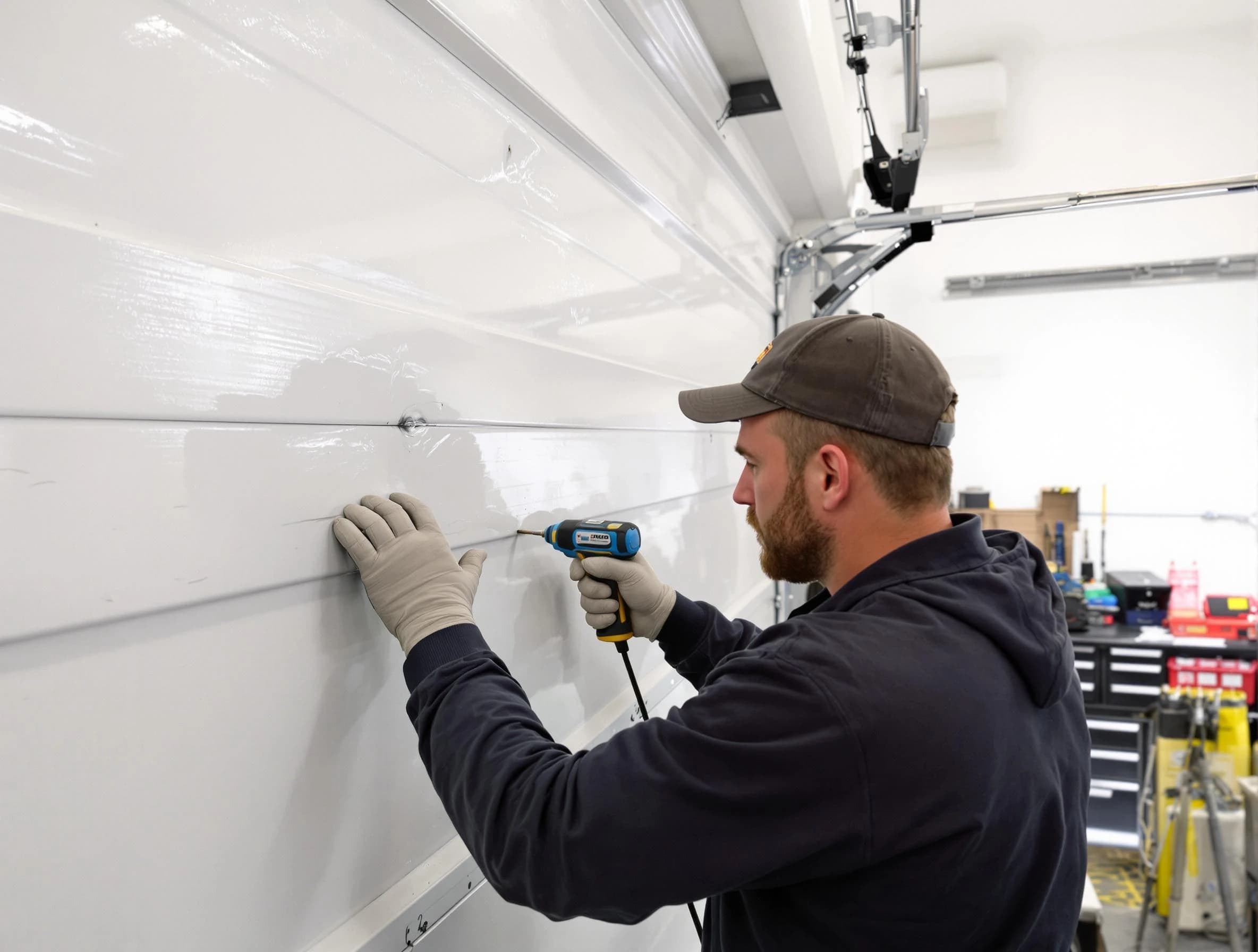 Nolensville Garage Door Repair technician demonstrating precision dent removal techniques on a Nolensville garage door